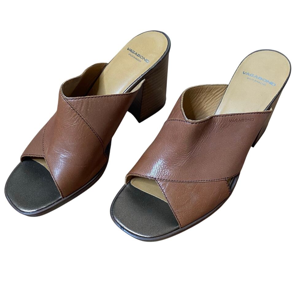 VAGABOND Brown Leather Cross Strap Block Heel Slide Sandals Size 9